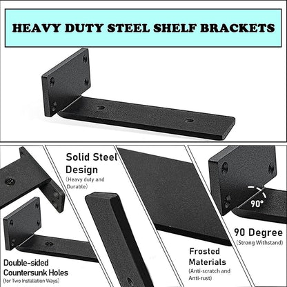9 Inch Ultra Heavy Duty Shelf Brackets – 0.2In Thick Black L Shape Shelf Brackets, Hidden Steel Brackets for Shelves - 9 Inch Floating Shelf Hardware Heavy Duty (6Pcs)