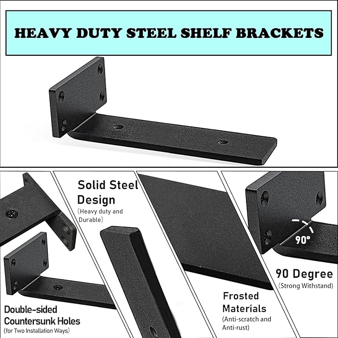 Shelf Brackets Heavy Duty, 5mm Thick Rustic Shelf Brackets for Custom Wood Shelves, 12 Inch Solid Steel Black Shelf Brackets with Hardware Needed (6Pcs)