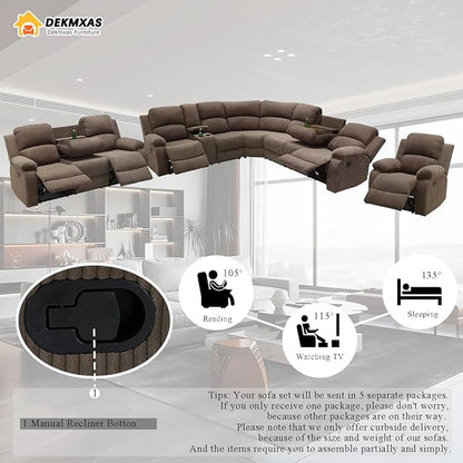 5PCS Brown Reclining Sectional Sofa Set with Recliner Sofa and Chair, Living Room Furniture Sets, Corduroy Reclining Couch with 5 Recliner Seats, Drop-Down Table, Cup Holders for Living Room