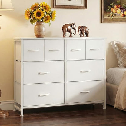 DUMOS TV Stand, Dresser with 8 Fabric Drawers, Spacious Storage Tower for Closet, TV Stand with Wood Top and Mental Frame, Storage Unit for Living Rooms, Bedroom and Entryway, White