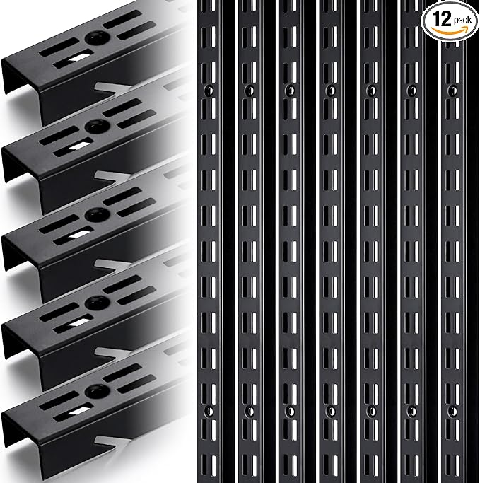 12 Pcs Shelf Rails Bracket Track 47.5 Inches Upright Closet System Hardware Adjustable Wall Standard Shelf Standards for Pantries, Linen Closets, Laundry Rooms, Utility Rooms (Black)