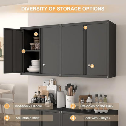 LUCYPAL Garage Storage Cabinet,27.95" H Metal Wall Cabinet with Locking Doors and Adjustable Shelves,Steel Garage Wall Mounted Cabinets for Home Office,Kitchen,Basement,Black