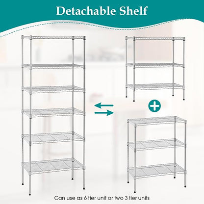PayLessHere | 6-Tier Wire Shelf | 23"x13"x59" | Chrome | Adjustable Racks | Heavy-Duty Storage Shelves, Holds Upto 1500 lbs | Rust-Resistant, No-Tool Assembly | for Home, Garage Shelving
