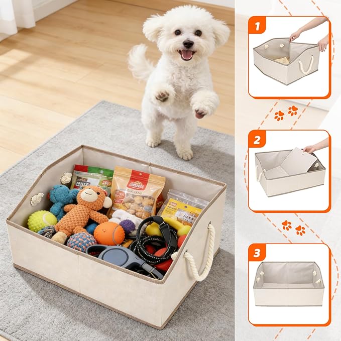 Dog Toy Basket With Handle, Foldable Dog Toy Box for Living Room Area, 20" Basket for Dog‘s Toys, Clothes, Organizers and Storage with Hard Board, Anti-slip for Pet Toys