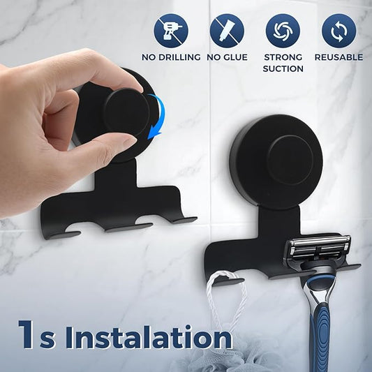 Suction Cup Razor Holder for Shower,Heavy-Duty 7KG Suction Hooks for Razor,Towel,Loofah,Removable Damage-Free Metal Shower Hook,Shaver Holder,2 Pack(Matte Black)