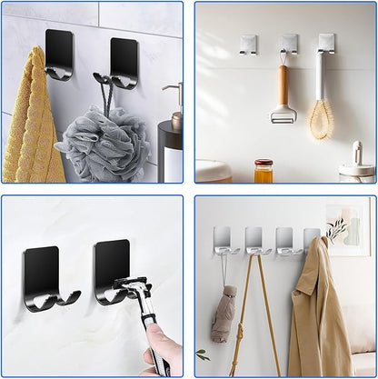 4Pcs Razor Holder, Shaver Hook Hanger, Multipurpose Self Adhesive Double Hooks, Silver Black Stainless Steel Shower Hooks, For Bathroom and Kitchen Storage, Includes Loofah, Towel, Plug, Clothes