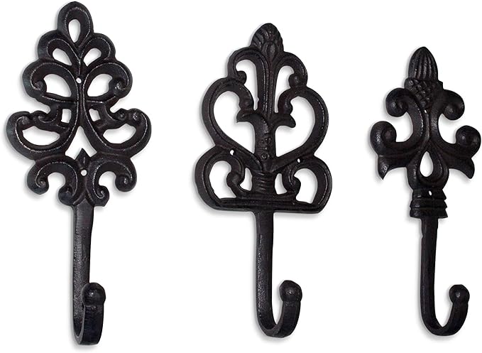 Wallcharmers Set of 3 Rustic Decorative Wall Hooks 8” | Victorian Shabby Chic Fleur De Lis Antique Towel Hooks for Hanging | Gothic Cast Iron Farmhouse Indoor Outdoor Key, Dog Leash, & Towel Hanger