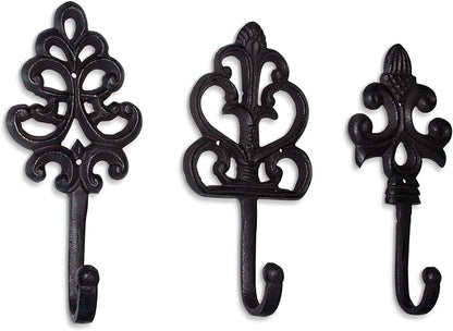 Wallcharmers Set of 3 Rustic Decorative Wall Hooks 8” | Victorian Shabby Chic Fleur De Lis Antique Towel Hooks for Hanging | Gothic Cast Iron Farmhouse Indoor Outdoor Key, Dog Leash, & Towel Hanger