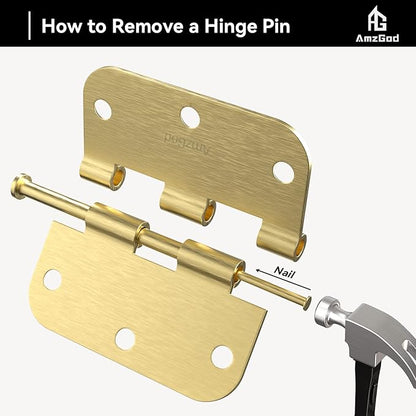 Gold Door Hinges - 3 Pack Satin Brass Door Hinges 3.5 Inch Rounded Interior Door Hinge with 5/8" Radius - 3 1/2 Inches Brushed Brass Hinges for Residential Standard Doors