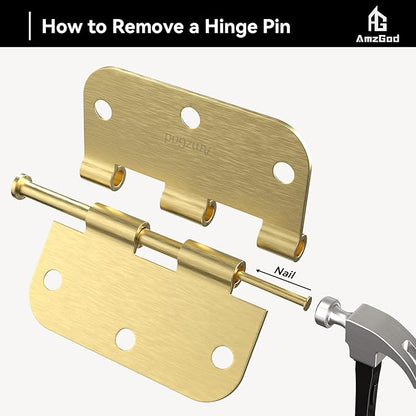 Satin Brass Door Hinges - 12 Pack Gold Door Hinges 3.5 Inch Rounded Interior Door Hinge with 5/8" Radius - 3 1/2 Inches Flat Iron Brass Hinges for Residential Standard Doors