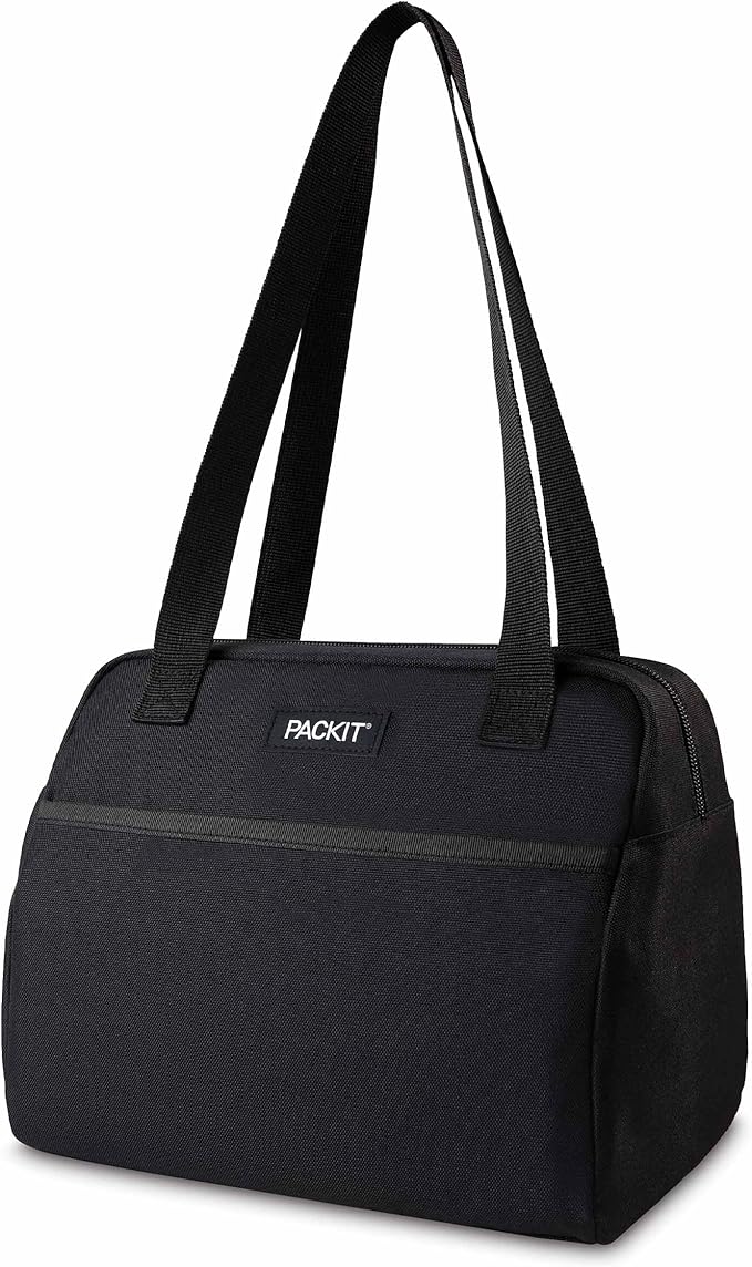 PackIt® Freezable Hampton Lunch Bag, Black, Built with EcoFreeze® Technology, Collapsible, Reusable, Zip Closure with Front Pocket and Shoulder Straps, Designed for Fresh Office Lunches