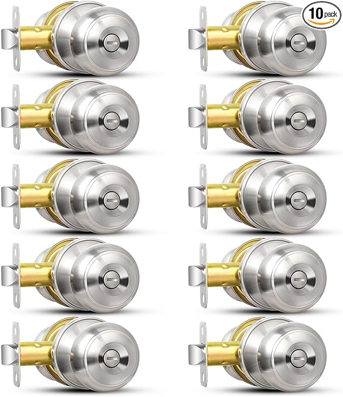 Sopoby Privacy Door Knob, 10 Pack Brushed Nickel Round Keyless Doorknobs Interior/Exterior Lockset, Privacy Locking Door Knobs for Bedroom/Bathroom, Modern Design Door Hardware