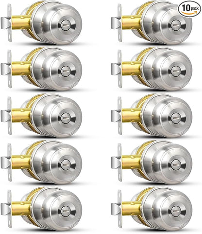Sopoby Privacy Door Knob, 10 Pack Brushed Nickel Round Keyless Doorknobs Interior/Exterior Lockset, Privacy Locking Door Knobs for Bedroom/Bathroom, Modern Design Door Hardware