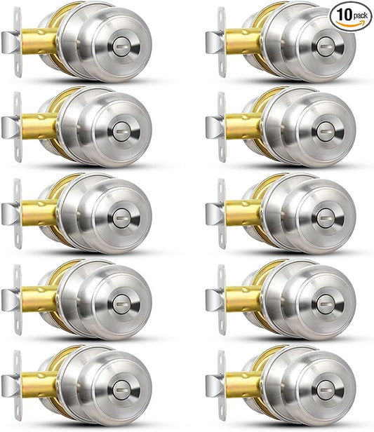 Sopoby Privacy Door Knob, 10 Pack Brushed Nickel Round Keyless Doorknobs Interior/Exterior Lockset, Privacy Locking Door Knobs for Bedroom/Bathroom, Modern Design Door Hardware