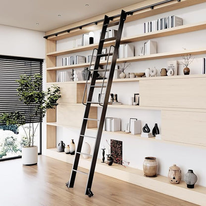 120" Attic Rolling Library Ladder,10 Step Aluminum Ladder with,with 4FT Sliding Hardware Track Kit Bottom Wheel Included&Handrail,Loft Ladder,Wall Stairs Stair Platform Bunkbed Ladder