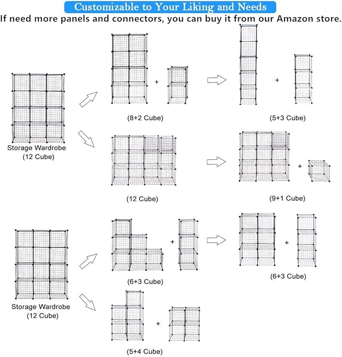 UNICOO® 14x14 Inch Multi Use DIY Bookcase & Shelf | Closet Organizers and Storage Cabinet - 12 Cube Wire Grid Organizer, Wardrobe Closet Organizer, Storage Shelves for Bedroom (12-Black Wire)