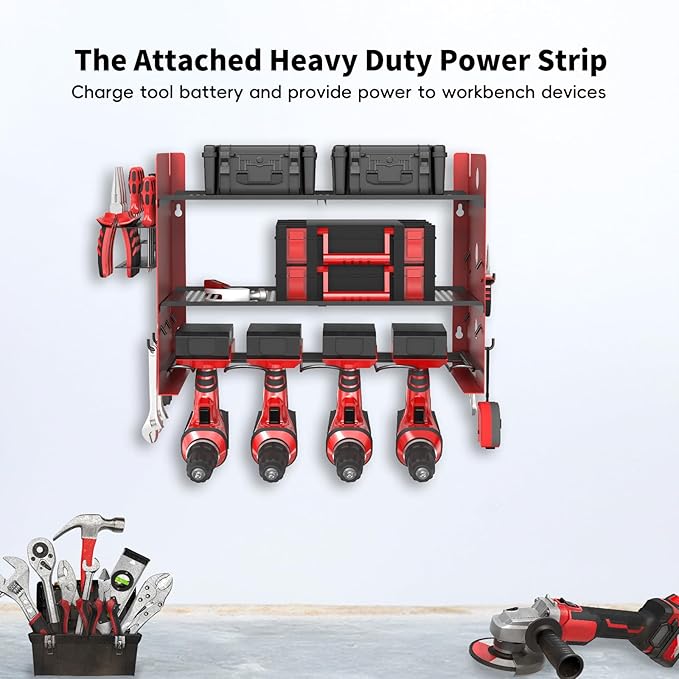 NWH Power Tool Organizer Wall Mount,Tool Organizer with 5 Drill Racks in Garage, 3 Levels of Storage Space, Heavy Duty Metal Power Tool Storage Rack Tool Shelf for Garage Organization
