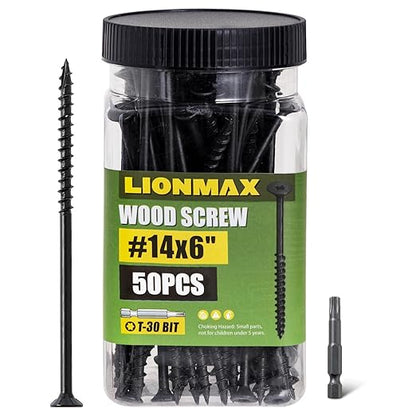 LIONMAX Deck Screws #14 x 6 Inch, 50 PCS, Black Long Wood Screw, Rust Resistant, Exterior Epoxy Coated for Outdoor Decking, Torx/Star Drive Head, T30 Star Bit Included