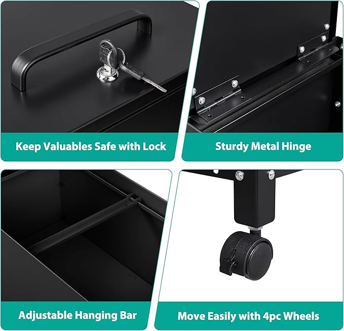 Rolling File Cart with Wheels Hanging Files,Rolling File Cabinet Organizer,Rolling Hanging File Folder Cart on Wheels,Metal Filing Cart,Fit A4/F4/Letter/Legal File for Home Office (Black)