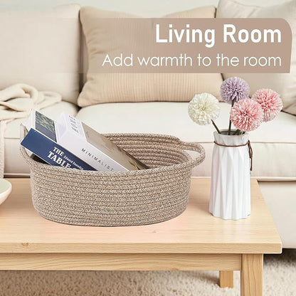 Woven Basket,Small Rope Storage Bin with Handles & Ribbon Bag, Organizer for Shelves Closets,Gift Basket Empty for Birthday,Books,Dog Toys,Oatmeal/2 Pack