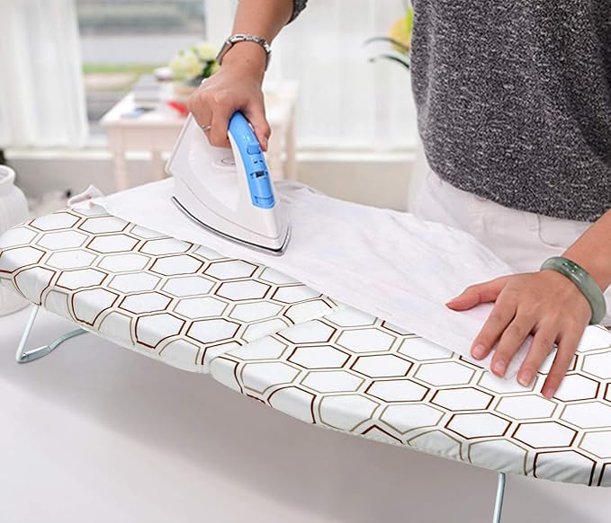 SheeChung Small Tabletop Ironing Board 30" Lx12”W Heavy Duty Ironing Board with Mesh Metal Base 100% Cotton Cover,Hook for Hanging,Portable Folding Mini Iron Board for Sewing Craft Room Dorm,Brown