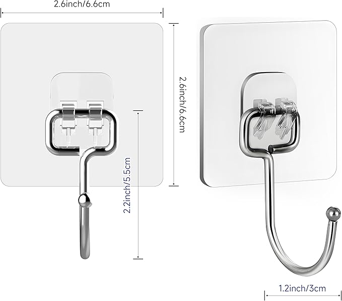 20 Pack Large Sticky Hooks for Hanging Heavy Duty, Wall Hooks Adhesive, Clear self Adhesive Hooks for Wall, Kitchen, Bathroom, Shower & Ceiling