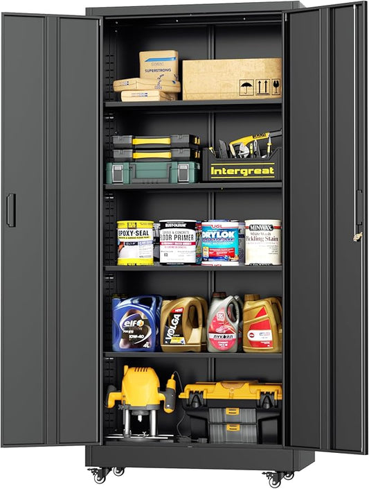 INTERGREAT Metal Storage Cabinet with Wheels, 73" Rolling Storage Cabinets with Door and 4 Shelves, Tall Storage Cabinets Locker on Caster for Home, Office(Black)