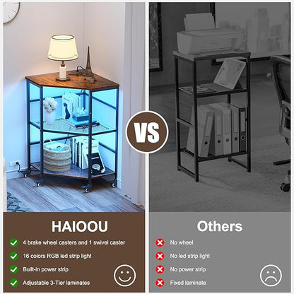 HAIOOU Corner Printer Stand Table with Power Outlet Charging Plugs USB Port & LED Lights, 3-Tier Corner Table with Wheel, Metal Frame Adjustable Storage Shelf for Home Office Kitchen