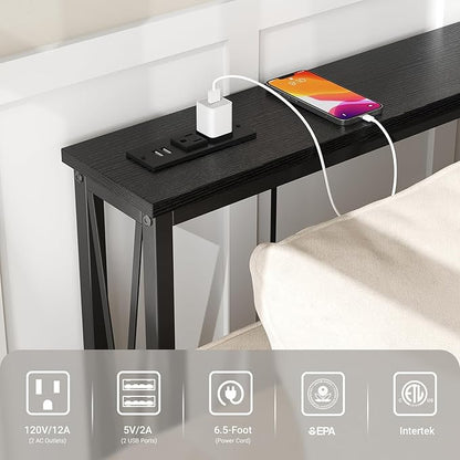 ELYKEN 5.9" Narrow Console Sofa Table with Power Outlets, 5.9" Dx70.9 Wx31.5 H Long Skinny Behind Couch Table with Charge Station and 6.5'Extension Cord, Black