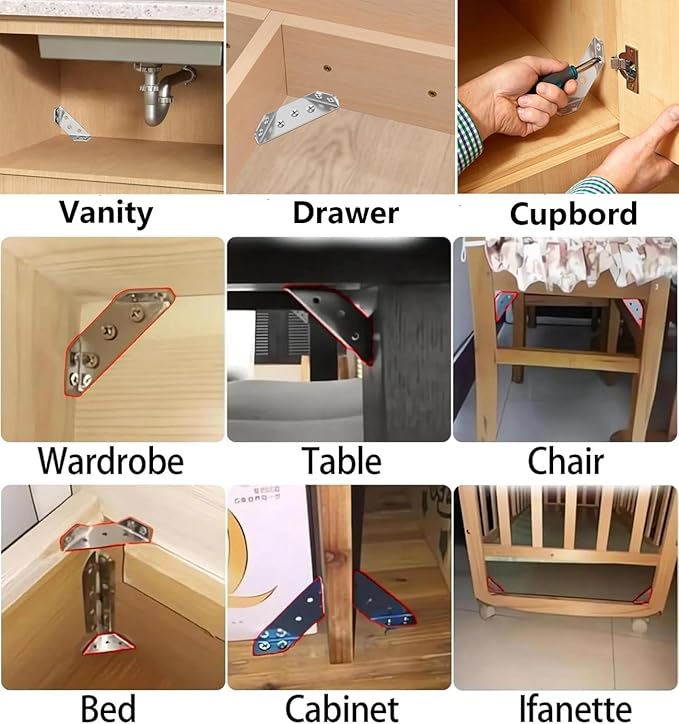 Furniture Corner Connector - 20PCS Universal Stainless Steel L Brackets for Wood,Hardware Metal Angle Bracket Corner Braces,L Bracket for Shelves,Table,Cabinet,Drawer,Corner Brackets for Wood