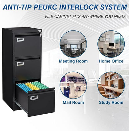 3-Drawer File Cabinet, 16.3" Deep Vertical Filing Cabinet with Lock, Metal File Cabinet for Home Office, Anti-Tip 3 Storage Drawers for Letter/Legal/A4/F4 Size, Assembly Required, Black