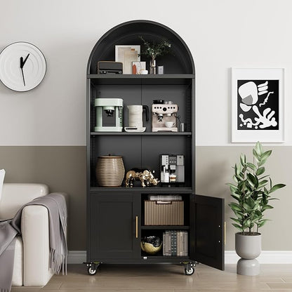 Metal Arched Bookcase with Wheels, Black Arched Bookshelf with 2 Adjustable Shelf for Home Office Living Room,Required Assembly