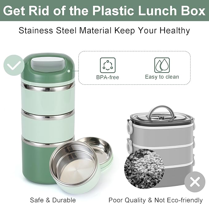 Lille Home 3-Layer Stainless Steel Lunch Box 1.43L- Leakproof, BPA-Free Insulated Bento Box for On-the-Go Meal Prep, Stackable Food Container for Women & Men