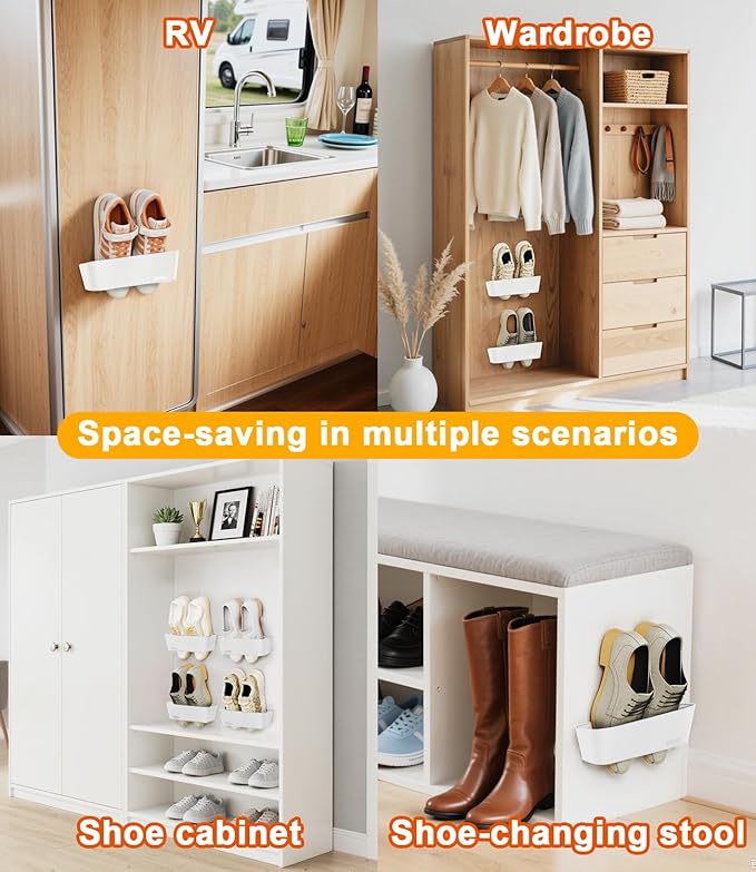 2-Pack Wall Mounted Shoe Rack with Sticky Strips, Space Saving Hanging Shoe Rack, No-Drill Hanging Shoe Shelves, Ideal for RV, Campers, Door, Wall, Closet - White