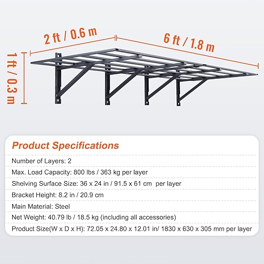 VEVOR Garage Shelving Wall Mounted, 2 x 6 ft Heavy Duty Garage Wall Shelves, 1600 lbs Load Capacity Garage Storage Rack Floating Shelves, 2 Pack, Suitable for Shop, Shed, Garage Storage