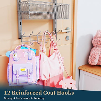 Consumest Over The Door Hooks Organizer - 4 Tier Door Coat Rack with 3 Baskets and 12 Hooks, Stainless Steel Towel Hanger for Bedroom, Bathroom, Living Room, Silver