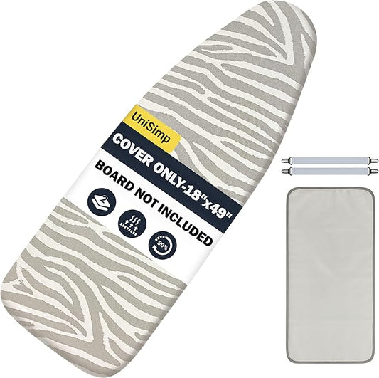 Ironing Board Cover and Pad 18"x49" Extra Thick Natural Cotton, Scorch and Stain Resistant Padding, Extra Wide Iron Board Cover with Fasteners Heavy Duty Elastic Edge, Heatproof Zebra