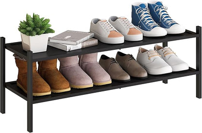BMOSU 2-Tier Bamboo Extended Shoe Rack Premium Stackable Shoe Shelf Storage Organizer for Hallway Closet Living Room Entryway Organizer(Black)