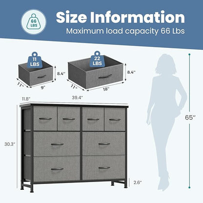 DUMOS TV Stand, Dresser with 8 Fabric Drawers, Spacious Storage Tower for Closet, TV Stand with Wood Top and Mental Frame, Storage Unit for Living Rooms, Bedroom and Entryway, Grey