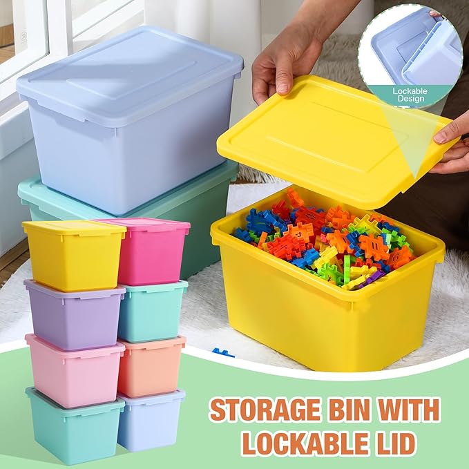 8 Pack Cute Plastic Storage Bins with Lids Decorative Stackable Storage Boxes 9.8" ×7.3" ×5.7" Small Storing Totes for Organizing Craft Office Supplies (Mixed Color)