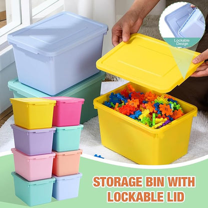 8 Pack Cute Plastic Storage Bins with Lids Decorative Stackable Storage Boxes 9.8" ×7.3" ×5.7" Small Storing Totes for Organizing Craft Office Supplies (Mixed Color)