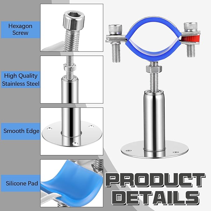 12 Pcs 304 Stainless Steel Wall Mount Ceiling Mount Pipe Supports Bracket, Suitable for OD 3/4"(25-28mm), Adjustable Height 50-100mm, Adjustable Pipe Strap Clamp with Screws and Screwdriver