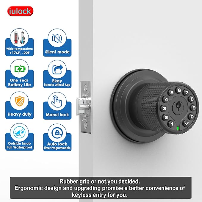 Keypad & Key Smart Door Lock, 50 User Codes, Waterproof, Auto Lock - Matte Black