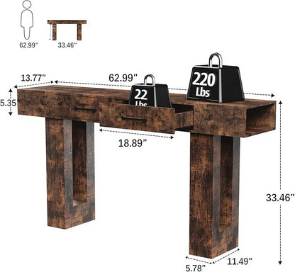 LUMISOL Farmhouse Entryway Table with 2 Drawers, Console Table with Side Power Outlet, 63-Inch Long Sofa Table for Hallway Living Room Office, Reddish Brown