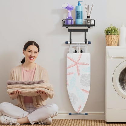 ORLESS Ironing Board Hanger Metal Wall Mount Iron and Ironing Board Holder, Laundry Room Decor and Storage with Large Storage Black Wooden Base Basket