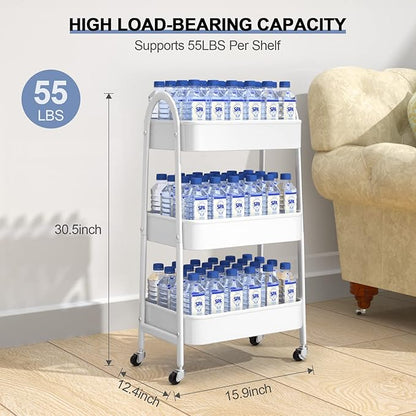EAGMAK 3 Tier Utility Rolling Cart, Metal Storage Cart with Handle and Lockable Wheels, Multifunctional Storage Organizer Trolley with Mesh Baskets for Kitchen, Living Room, Office, Garage (White)