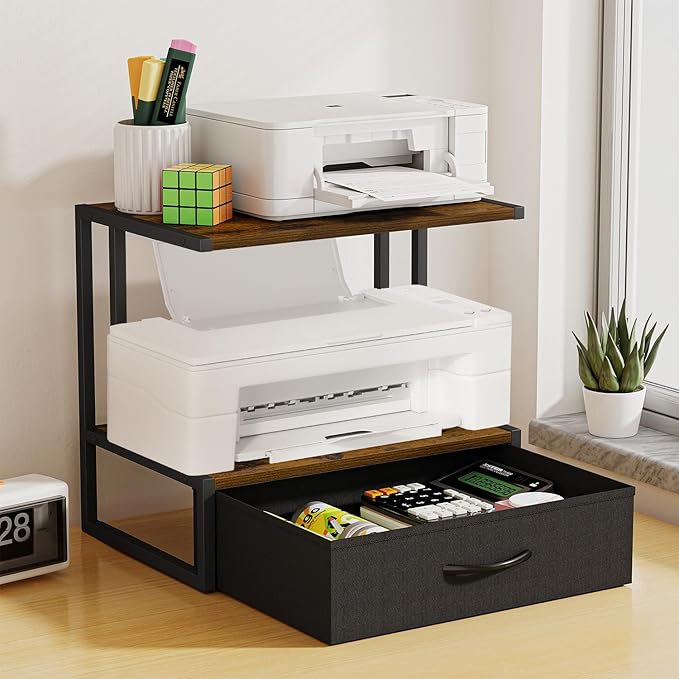 Printer Stand with Storage for Desk, with Fabric Drawer Desktop Printer Stand Shelf Organzier for Home Office, for Above and Under Desk Printer Table, Fax Machine Copier Scanner, Brown