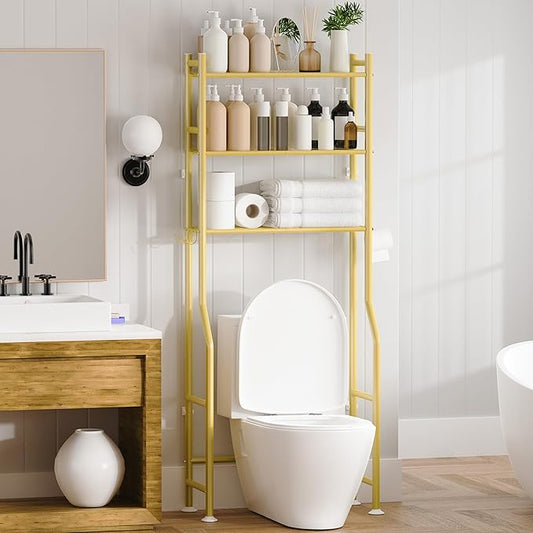 3-Tier Over The Toilet Storage, Space Saver Metal Bathroom Shelves, Freestanding Above Over Toilet Storage Shelf with 4 Hooks for Bathroom, Gold