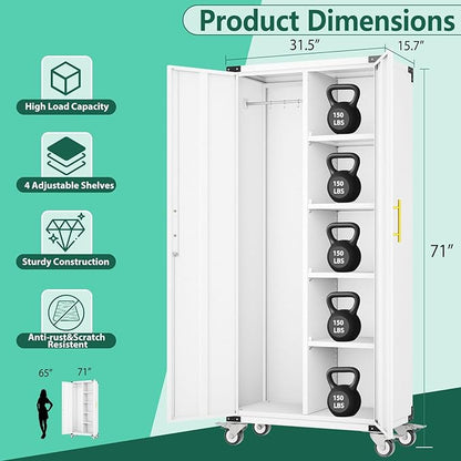 71" Garage Storage Cabinet with Hanging Rod,Lockable Metal Broom Closet Storage Cabinet with 4 Adjustable Shelves for Tools,Garage Home,Office Required Assembly,White