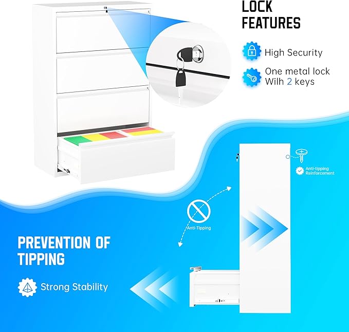 Greenvelly 4 Drawer File Cabinet, Lateral Filing Cabinet for Home Office, White Metal File Cabinet with Lock, Lockable Lateral File Cabinet with Hanging Files&Key for Letter/Legal/F4/A4